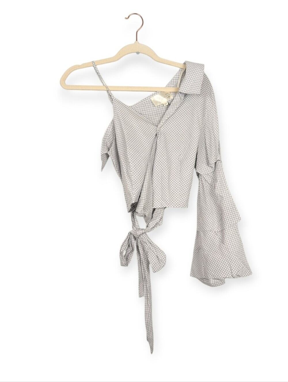 J.O.A Los Angeles One Shoulder Top S White Tie Waist Bell Sleeve Crop Top NWT